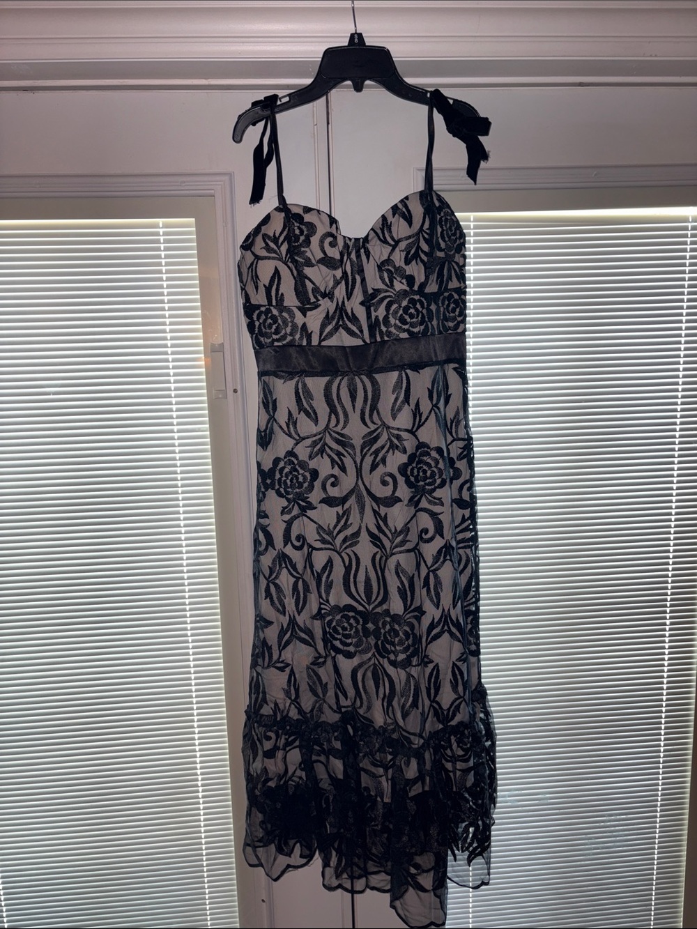 Black Lace Overlay Midi Dress with Tie Straps